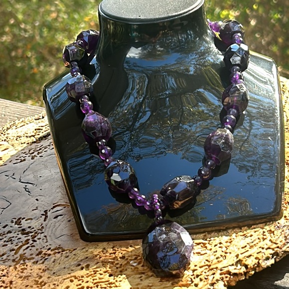 Amethyst Faceted Necklace Chunky Beaded Pendant 14K Clasp SF Statement Purple - Picture 5 of 11
